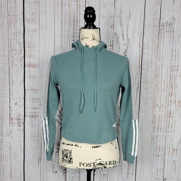 Adidas XS Green Striped Cropped Casual Comfy Athleisure Hoodie Sweatshirt - Picture 1 of 9